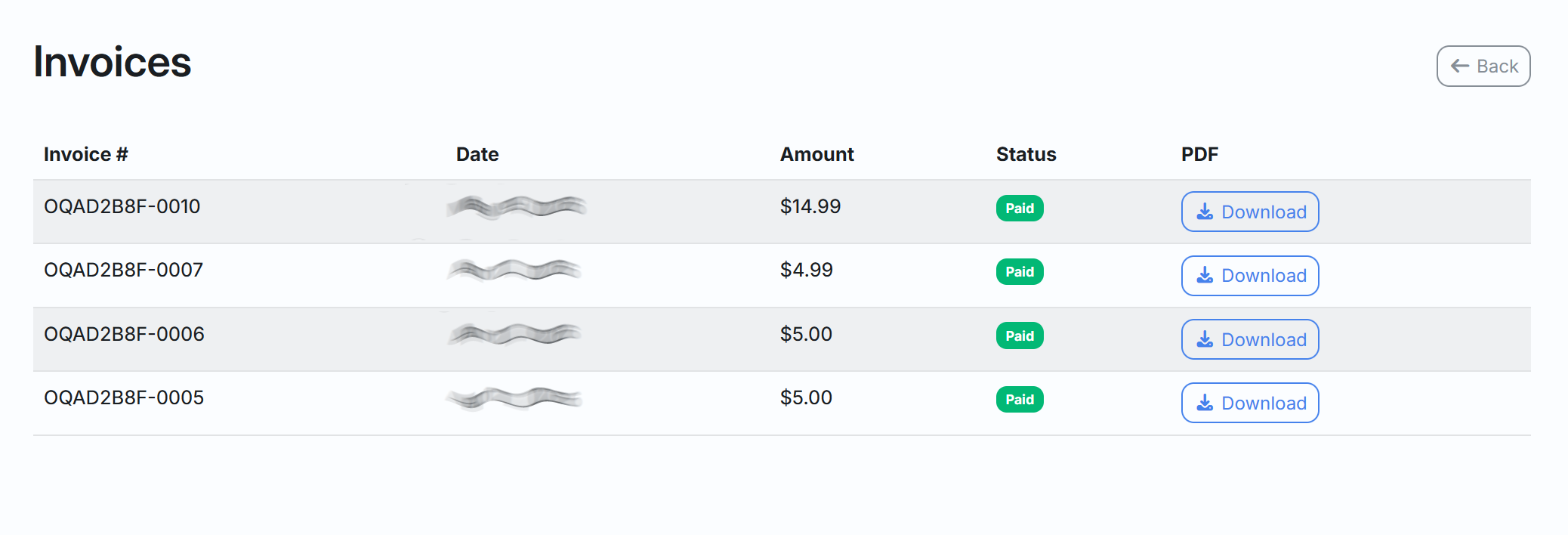 Invoices page in the dashboard