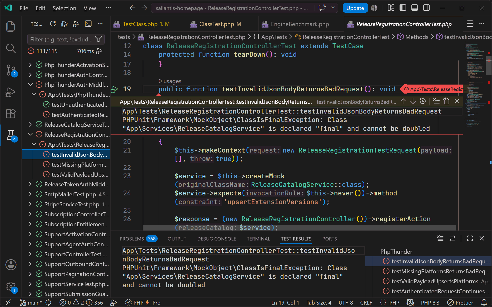 Test Explorer showing a PHPUnit/Pest project tree